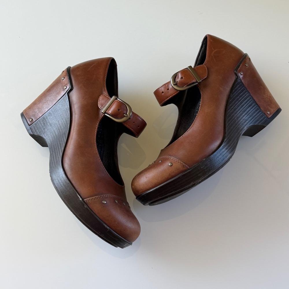 Dansko Brown Solid Leather Mary Jane Wedge Studded Whimsygoth Boho 37